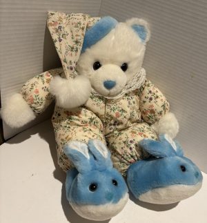 Vintage 1990’s Interpur Bedtime Bear PJ’s & Blue Bunny Slippers Plush Toy Retro