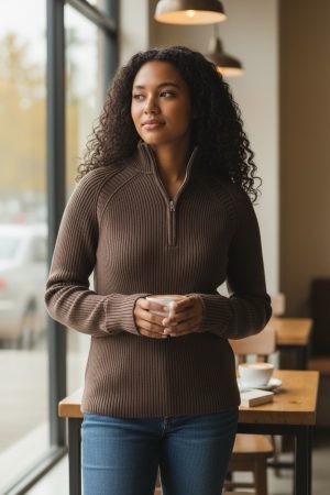 VINTAGE 90’s Calvin Klein Brown Ribbed Half-Zip Sweater Chunky Stretch Knit M