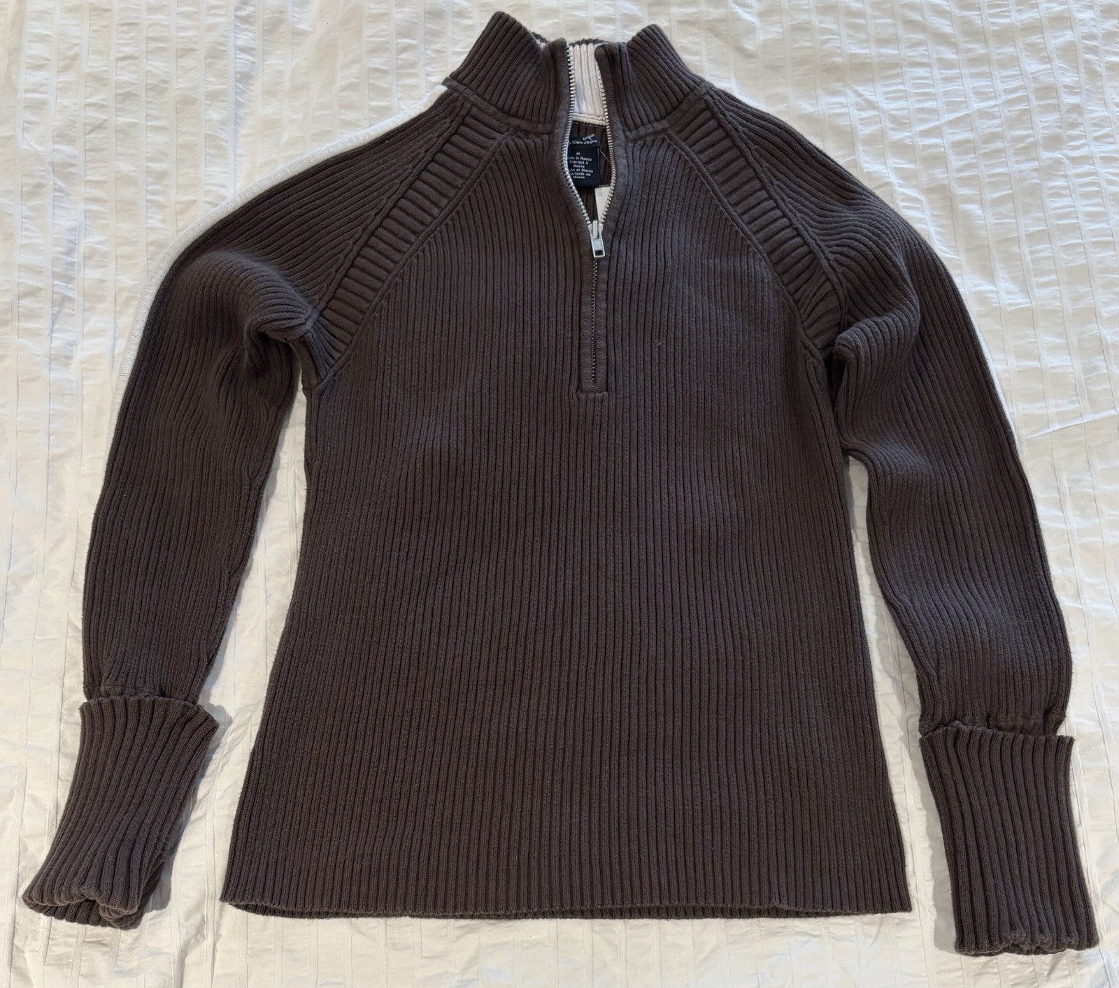 VINTAGE 90’s Calvin Klein Brown Ribbed Half-Zip Sweater Chunky Stretch Knit M_1 VINTAGE 90’s Calvin Klein Brown Ribbed Half-Zip Sweater Chunky Stretch Knit M
