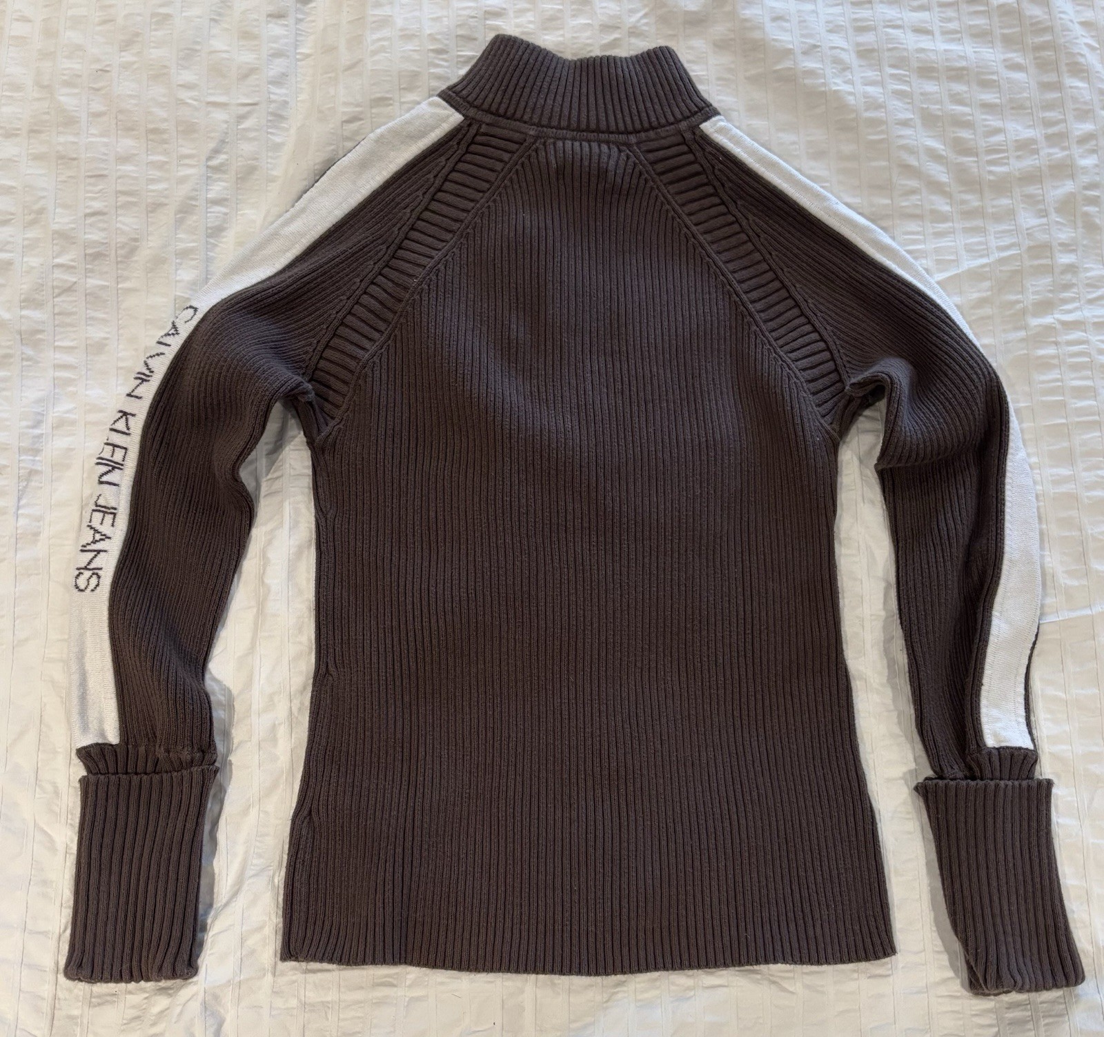 VINTAGE 90’s Calvin Klein Brown Ribbed Half-Zip Sweater Chunky Stretch Knit M_3 VINTAGE 90’s Calvin Klein Brown Ribbed Half-Zip Sweater Chunky Stretch Knit M