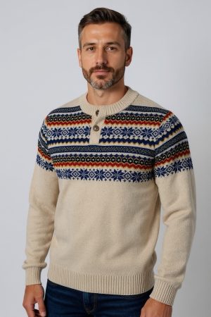 New Chaps Ralph Lauren Fair Isle Nordic Knit Quarter Button Sweater Men's Sz Med