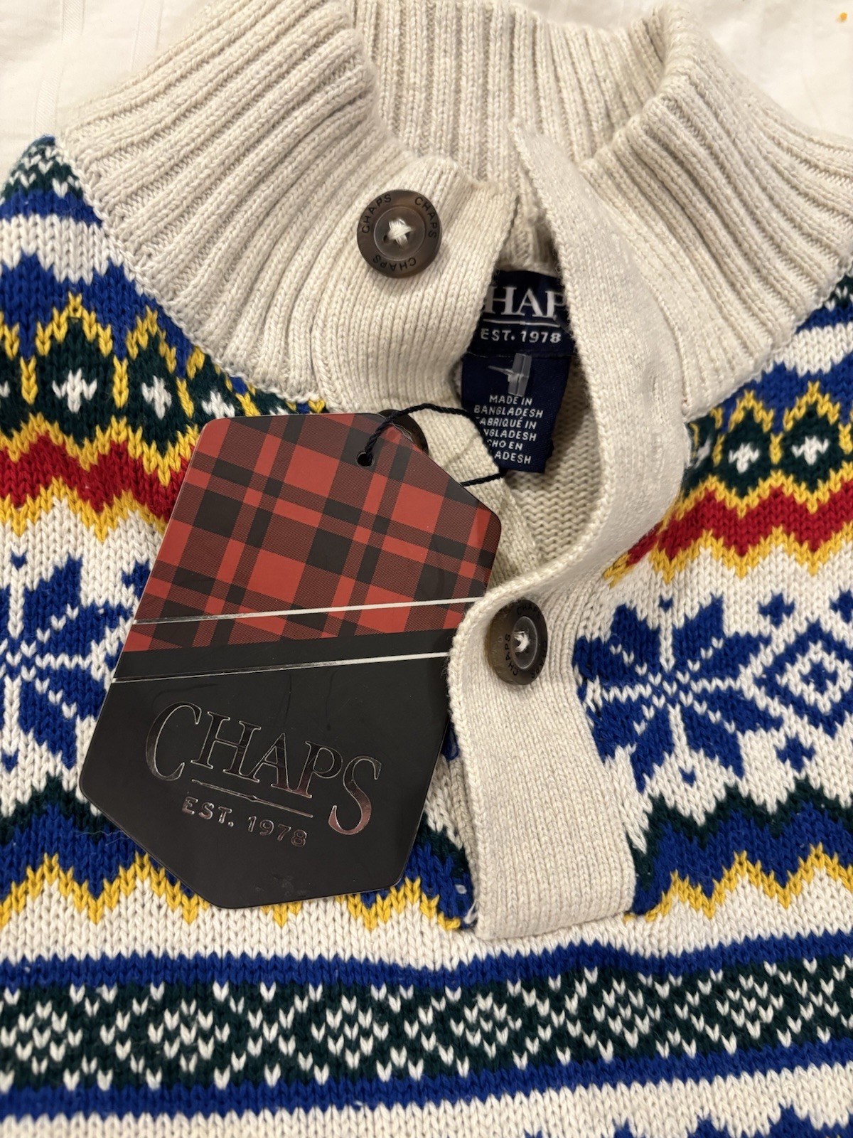 New Chaps Ralph Lauren Fair Isle Nordic Knit Quarter Button Sweater Men's Sz Med_2 New Chaps Ralph Lauren Fair Isle Nordic Knit Quarter Button Sweater Men's Sz Med