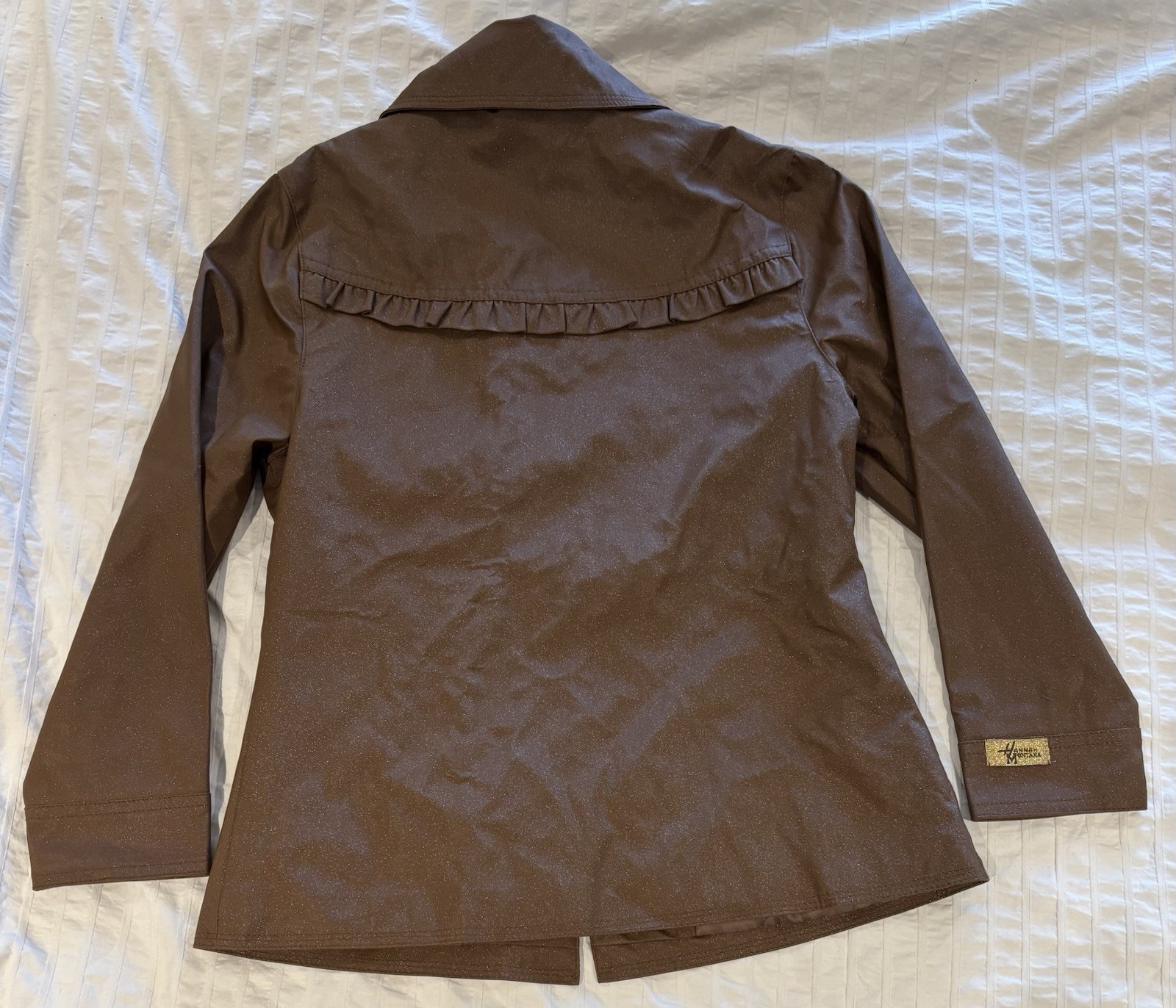 Y2K Disney Hannah Montana Costume Faux Leather Coat Ruffles Gold Flecks Size 6_5 Y2K Disney Hannah Montana Costume Faux Leather Coat Ruffles Gold Flecks Size 6