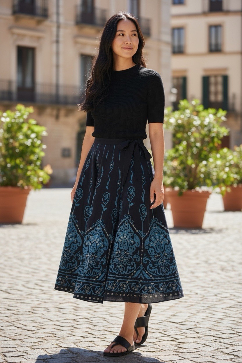 Axara Made in France Long Navy Teal & Gold Boho Hippie Skirt Cotton Size 8_0 Axara Made in France Long Navy Teal & Gold Boho Hippie Skirt Cotton Size 8