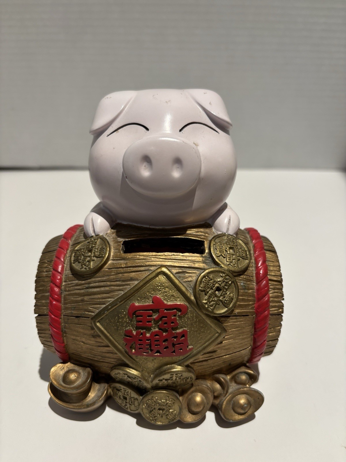 Vintage 1980’s Chinese Feng Shui Pig Piggy Bank Wealth Barrel Resin Coin Box_0 Vintage 1980’s Chinese Feng Shui Pig Piggy Bank Wealth Barrel Resin Coin Box