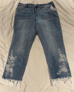 NWT TRIBAL Size 12 Blue Jeans w/ White Embroidery & Tassel Skinny Crop
