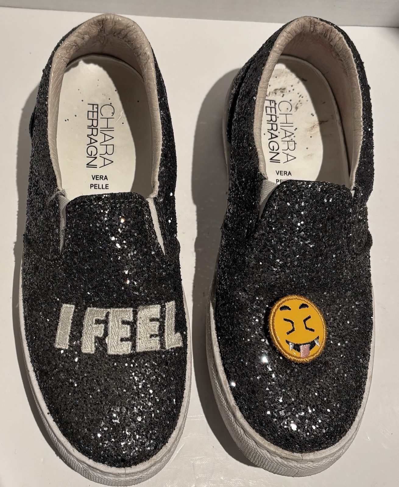 Chiara Ferragni Silver Iridescent Leather “I FEEL” Slip On Sneakers Sz EU39 US8_1 Chiara Ferragni Silver Iridescent Leather “I FEEL” Slip On Sneakers Sz EU39 US8