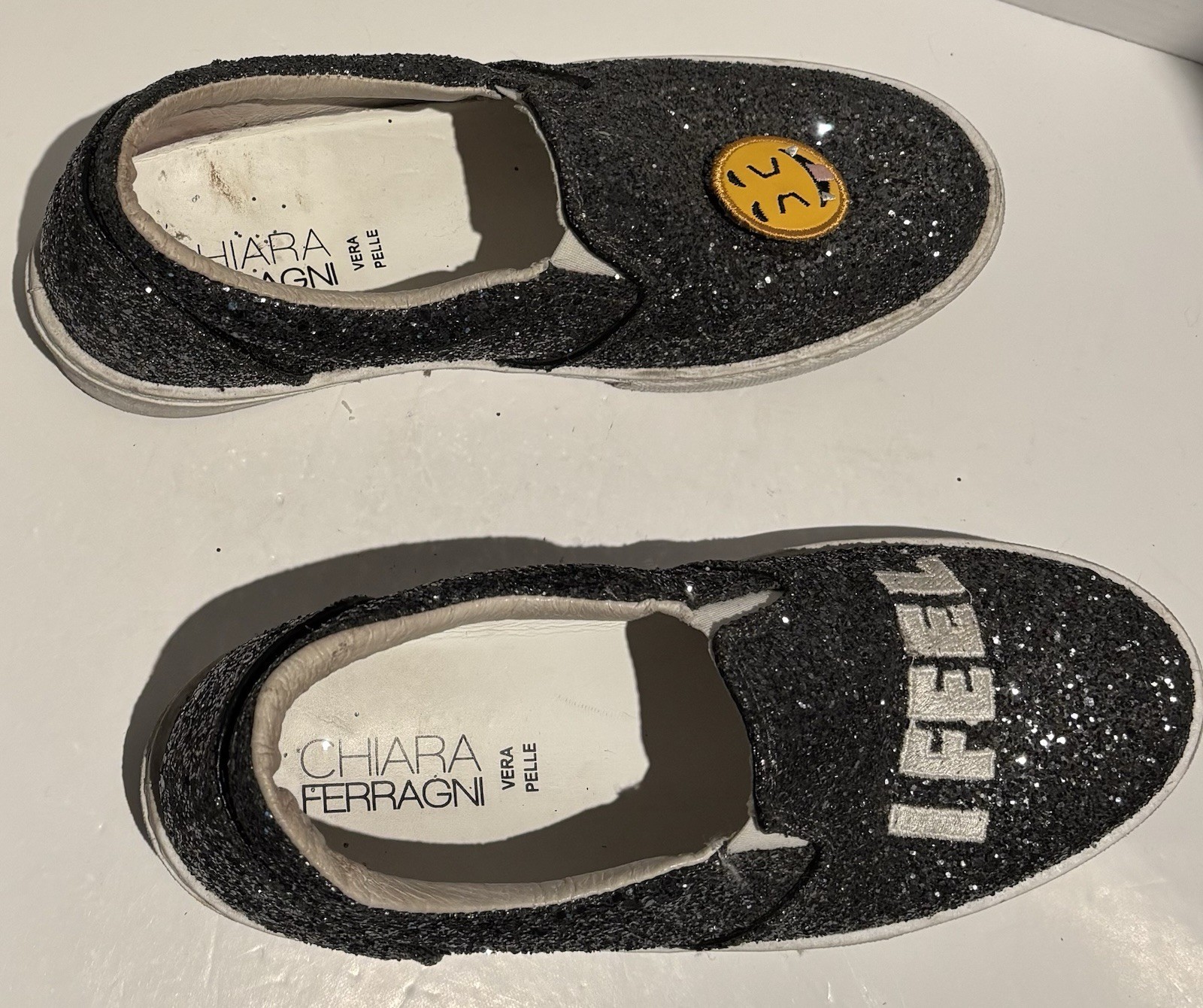 Chiara Ferragni Silver Iridescent Leather “I FEEL” Slip On Sneakers Sz EU39 US8_2 Chiara Ferragni Silver Iridescent Leather “I FEEL” Slip On Sneakers Sz EU39 US8