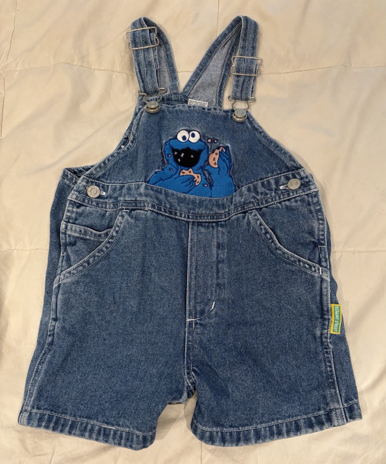 Vintage 90’s COOKIE MONSTER Sesame Street Denim Jean Overalls Embroidered 24M_0 Vintage 90’s COOKIE MONSTER Sesame Street Denim Jean Overalls Embroidered 24M